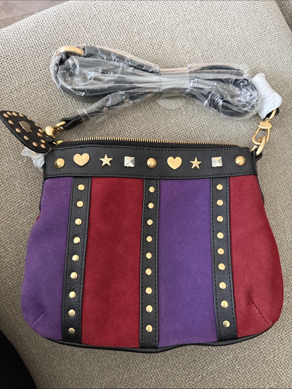 NWOT Loulou de la Falaise Purple and Red Suede Studded Crossbody Bag